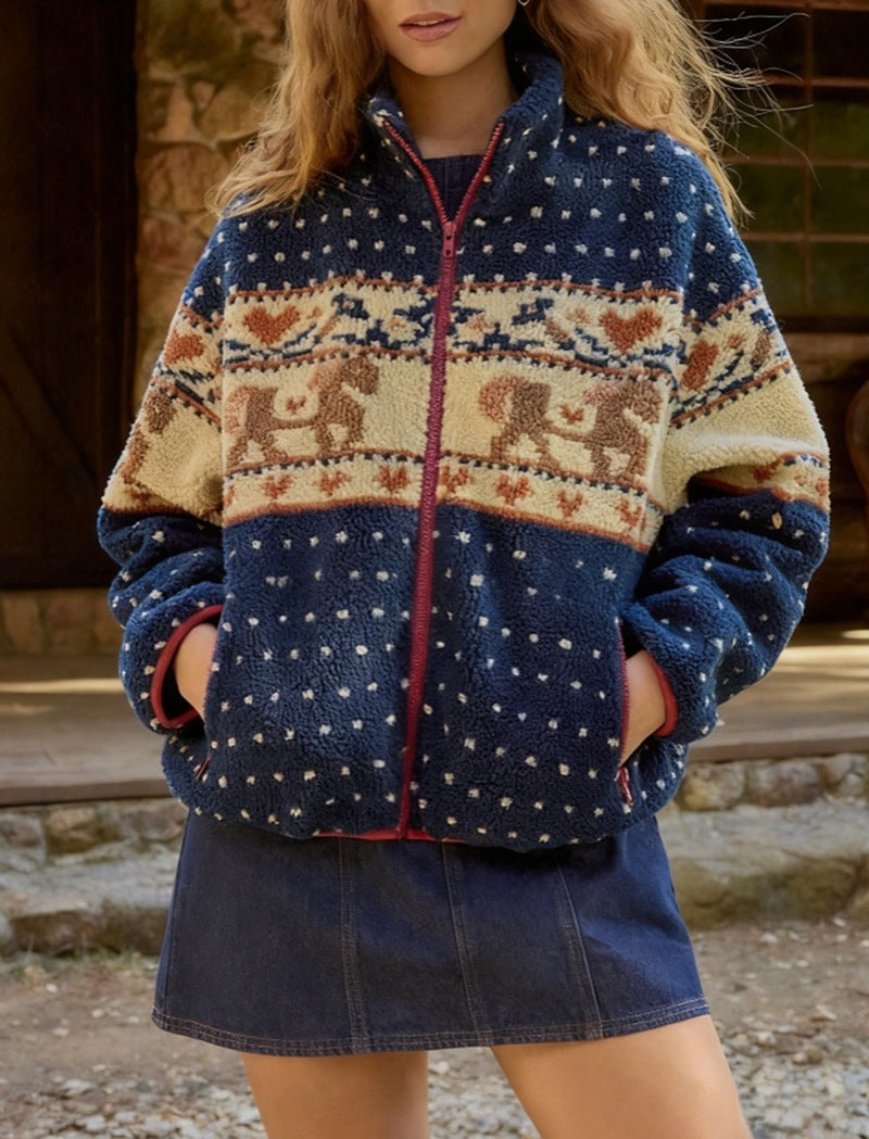 Christmas Long-sleeve Zipper Pocket Snowflake Moose Woolen Coat
