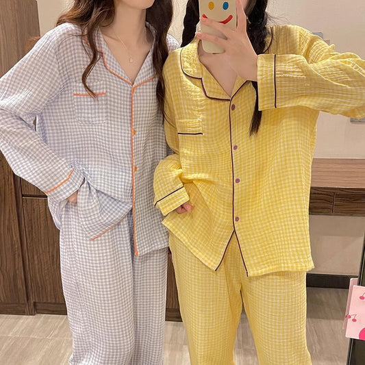 Lorsion Yellow Plaid Long Sleeve Homewear Suit – Matching Couple Pajama Set for Men & Women