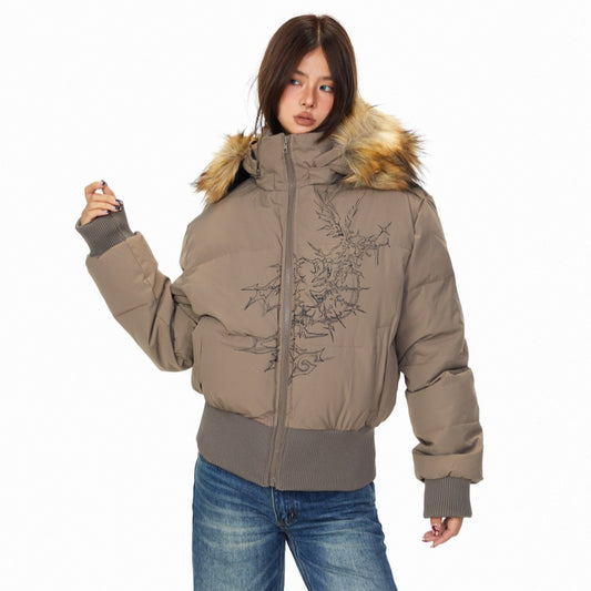 Detachable Fur Collar Printed Hooded Cotton Jacket Women's American Hot Girl