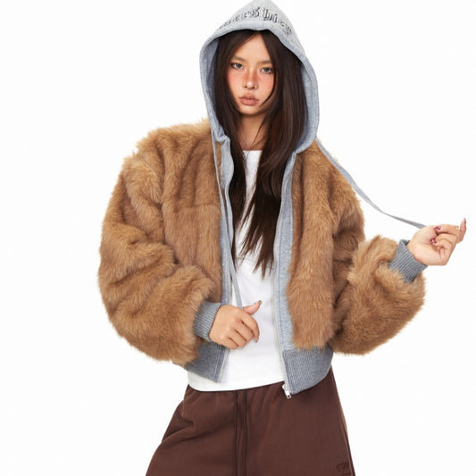 Faux Fur Letter Hooded Thick Cotton Coat For Women Winter