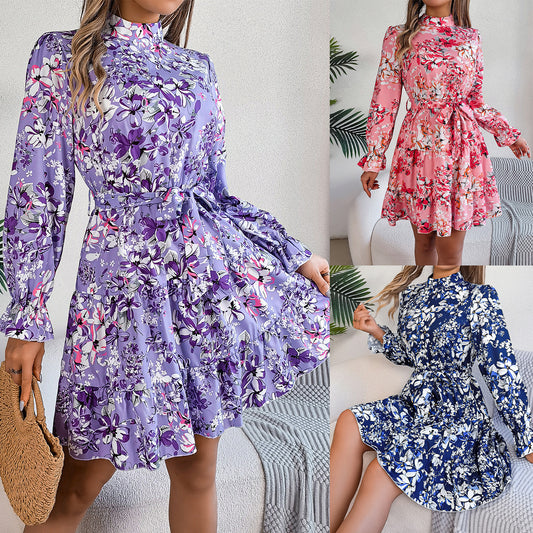 Lorsion Floral Print Ruffled Dress – Women’s Long Sleeve A-Line Spring & Autumn Maxi Dress