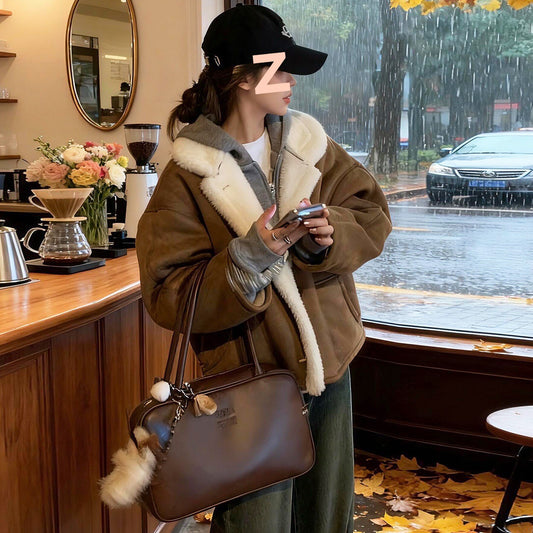 Fleece-lined Thick Lapel Short Lamb Wool Padded Jacket