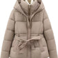 Women's Short Waist-cinching Slim-fit Hooded Tie-front Warm Coat