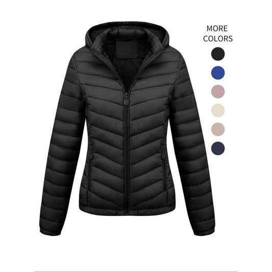 Women's Solid-Color Zippered Hooded Winter Coat Jacket Casual