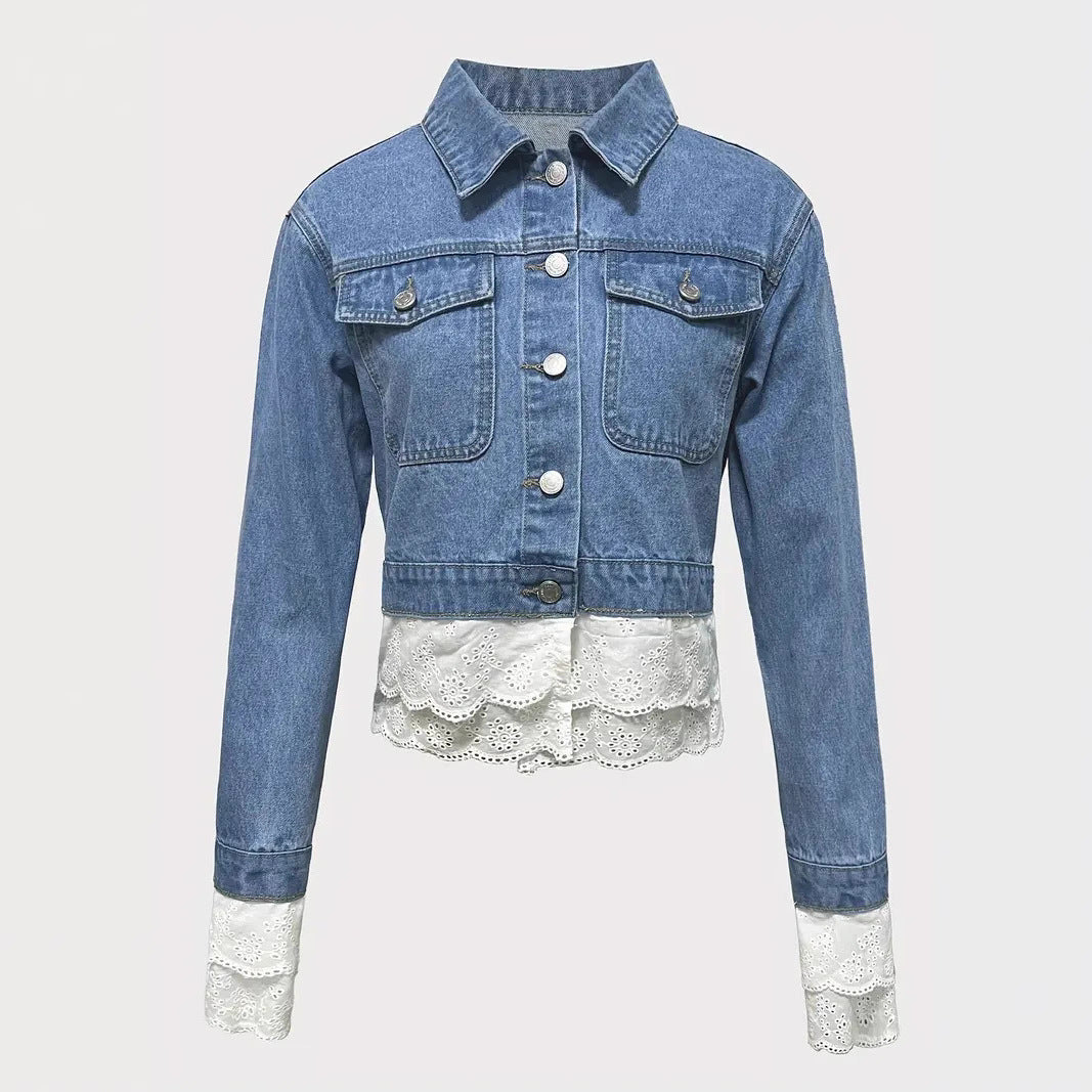 Lorsion Lace Stitching Denim Jacket – Women’s Slim Fit Long Sleeve Jean Coat
