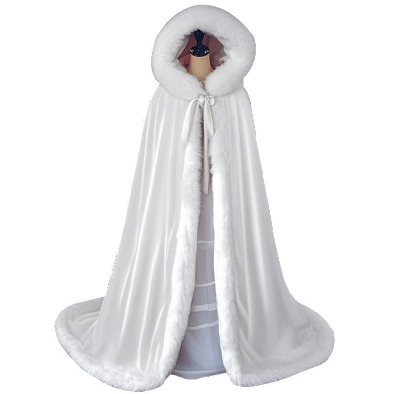 Lorsion Retro Han Chinese Long Wool Cloak – Elegant White Thick Hooded Cape