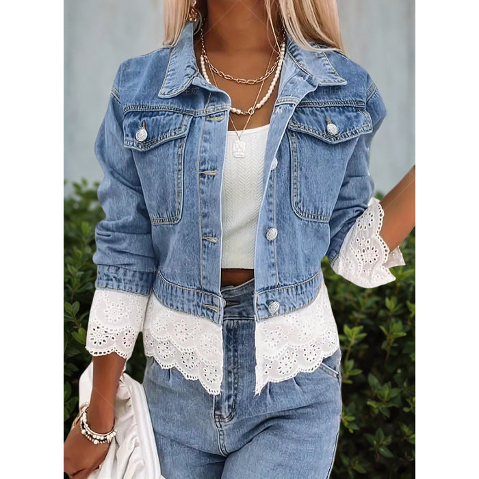 Lorsion Lace Stitching Denim Jacket – Women’s Slim Fit Long Sleeve Jean Coat