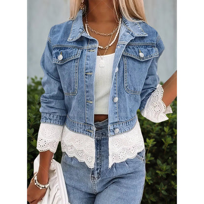 Lorsion Lace Stitching Denim Jacket – Women’s Slim Fit Long Sleeve Jean Coat