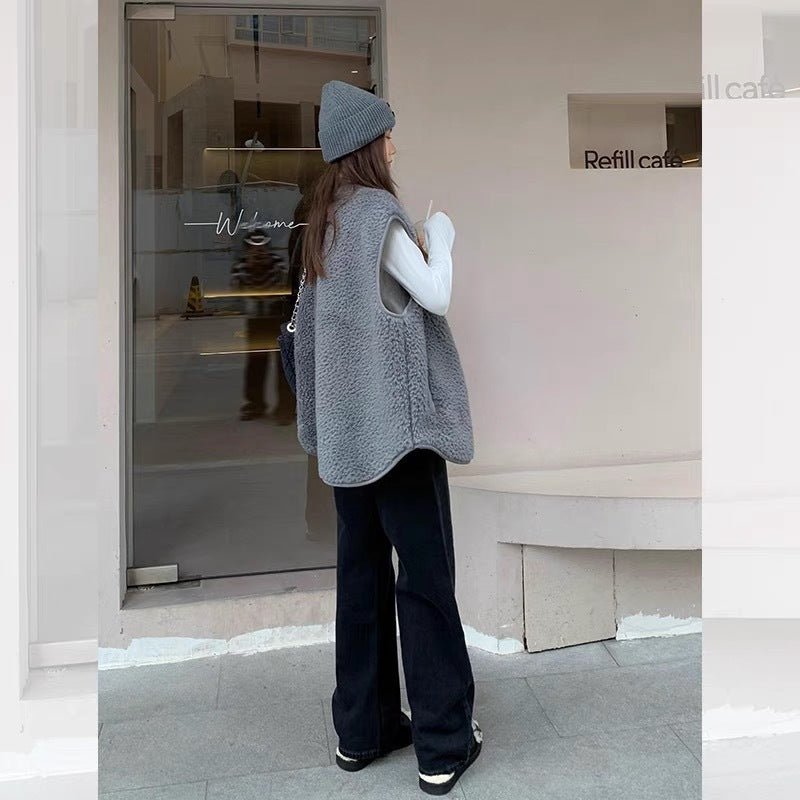 Lorsion Gray Lamb Wool Warm & Loose Vest for Men and Women – Japanese Korean Style Casual Sleeveless Outerwear