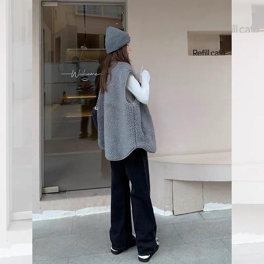 Lorsion Gray Lamb Wool Warm & Loose Vest for Men and Women – Japanese Korean Style Casual Sleeveless Outerwear