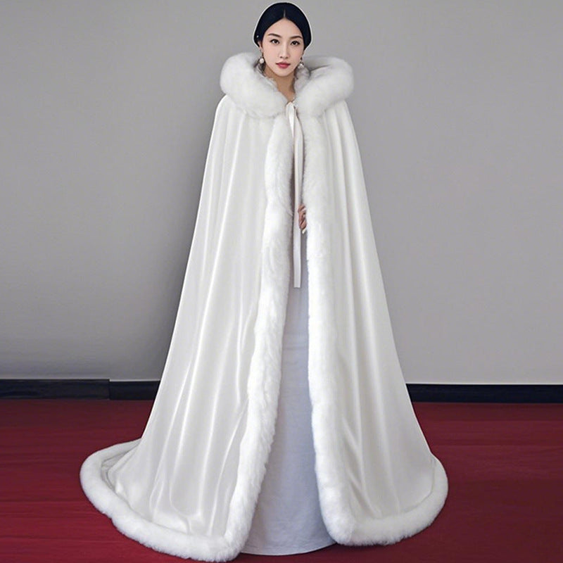 Lorsion Retro Han Chinese Long Wool Cloak – Elegant White Thick Hooded Cape