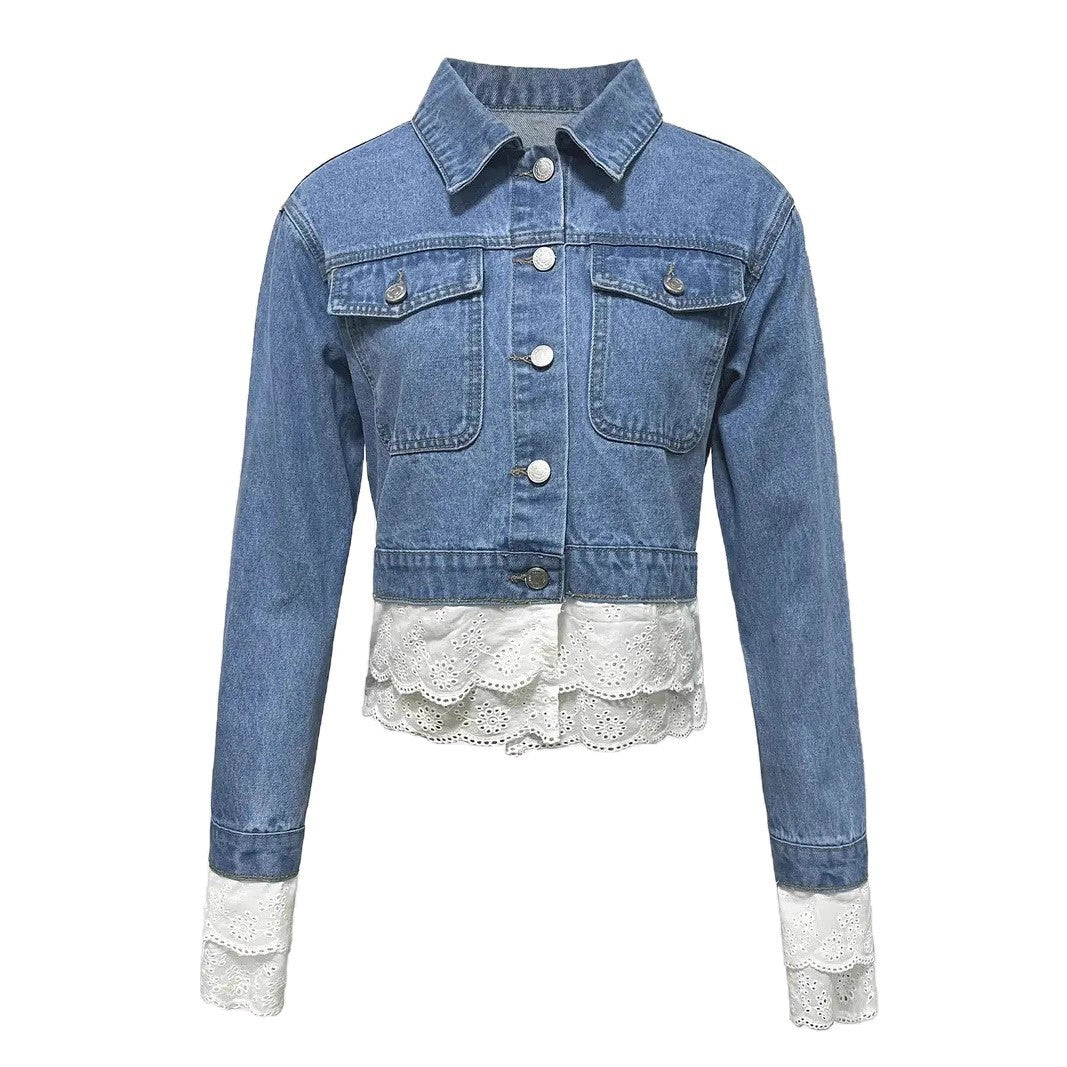 Lorsion Lace Stitching Denim Jacket – Women’s Slim Fit Long Sleeve Jean Coat