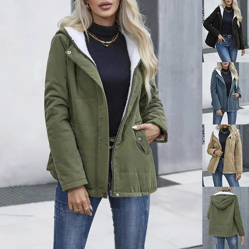 Fleece-lined Hooded Coat Winter Preppy Style Long Sleeve Jacket Warm Pockets Cotton Coat Women's Clothing