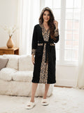 Lorsion Leopard Flannel Lace Bathrobe – Warm V-Neck Cardigan Robe for Women
