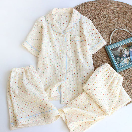 Lorsion Spring & Summer Women’s Three-Piece Pajama Set – Cotton Short-Sleeve Homewear for Comfort & Sleep | Beige Dots
