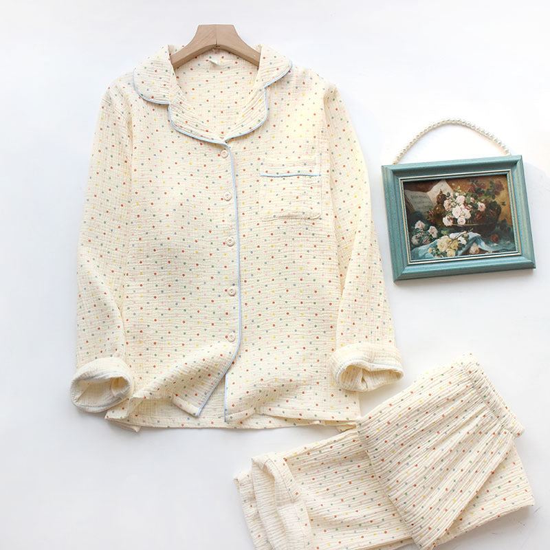 Lorsion Spring & Summer Women’s Three-Piece Pajama Set – Cotton Short-Sleeve Homewear for Comfort & Sleep | Beige Dots