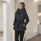 Women's Short Waist-cinching Slim-fit Hooded Tie-front Warm Coat