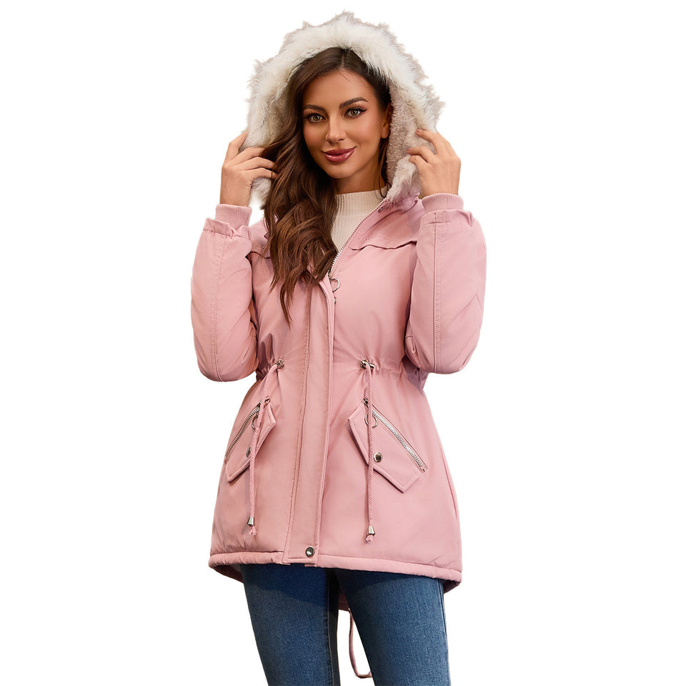 Lorsion Fur Collar Hooded Fleece Padded Coat – Women’s Warm Winter Cotton Jacket