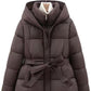 Women's Short Waist-cinching Slim-fit Hooded Tie-front Warm Coat
