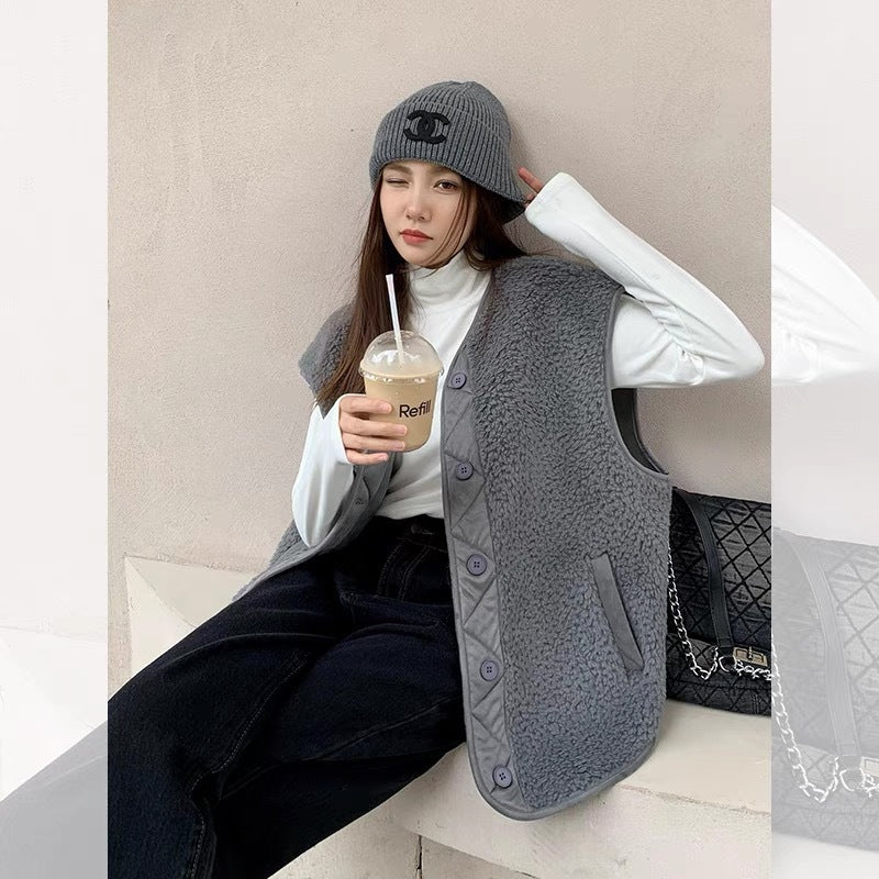 Lorsion Gray Lamb Wool Warm & Loose Vest for Men and Women – Japanese Korean Style Casual Sleeveless Outerwear
