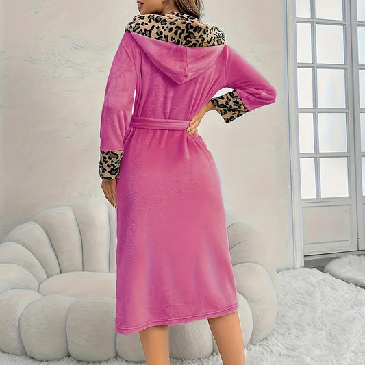 Lorsion Leopard Flannel Lace Bathrobe – Warm V-Neck Cardigan Robe for Women