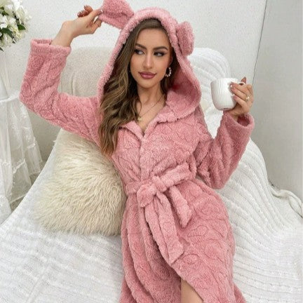 Lorsion Love Flannel Bathrobe – Sweet & Cute Warm Night Robe for Women