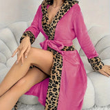 Lorsion Leopard Flannel Lace Bathrobe – Warm V-Neck Cardigan Robe for Women