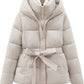 Women's Short Waist-cinching Slim-fit Hooded Tie-front Warm Coat