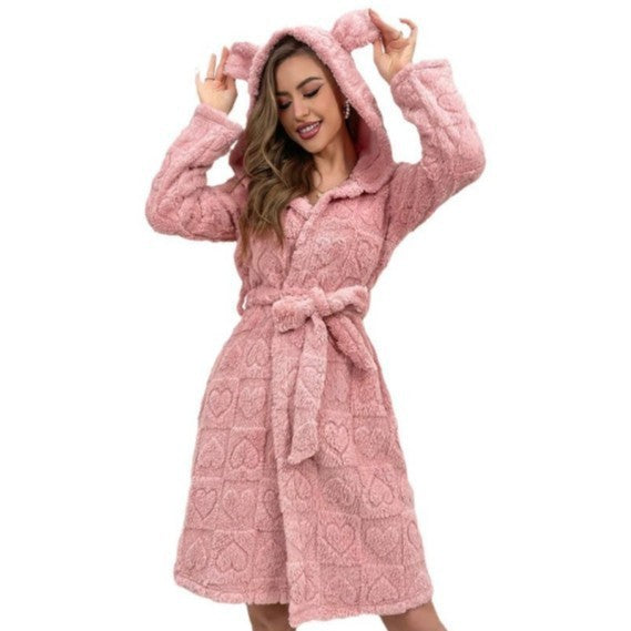Lorsion Love Flannel Bathrobe – Sweet & Cute Warm Night Robe for Women