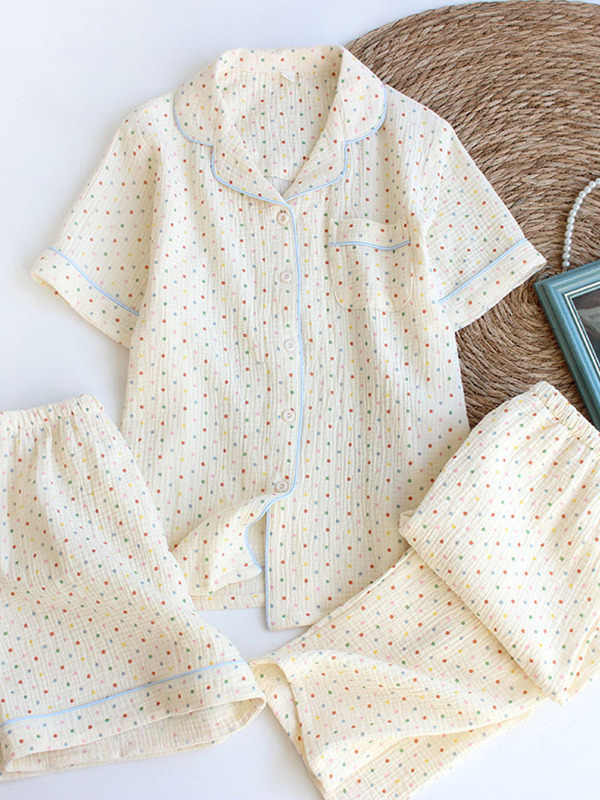 Lorsion Spring & Summer Women’s Three-Piece Pajama Set – Cotton Short-Sleeve Homewear for Comfort & Sleep | Beige Dots