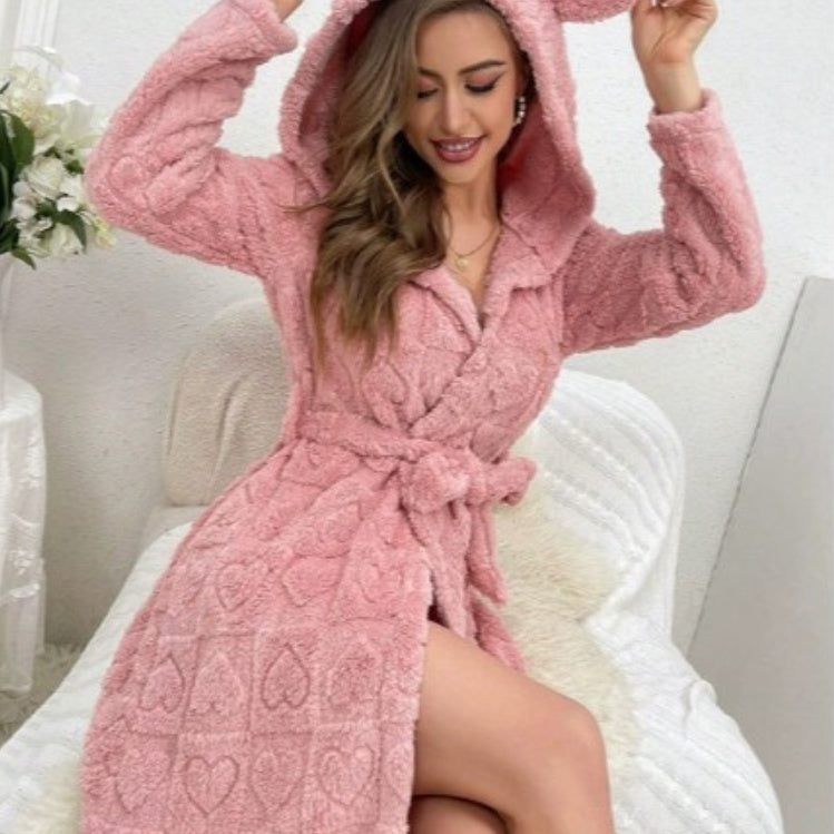 Lorsion Love Flannel Bathrobe – Sweet & Cute Warm Night Robe for Women
