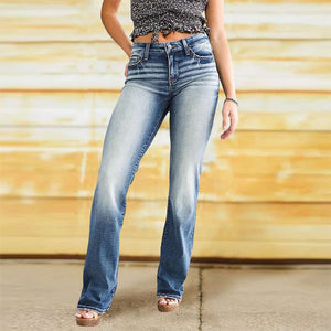 Lorsion European & American Ladies Jeans – High Waist Washed Denim Casual Pants