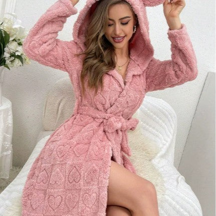 Lorsion Love Flannel Bathrobe – Sweet & Cute Warm Night Robe for Women