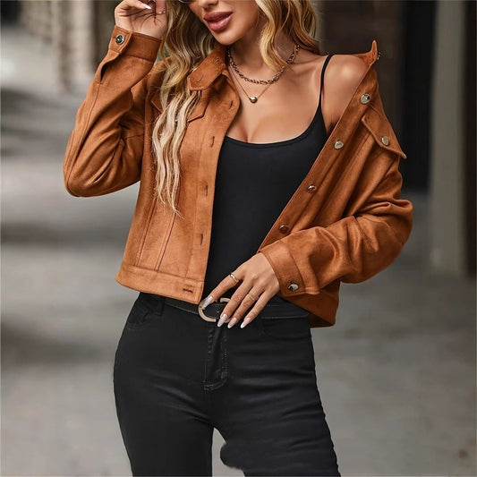 Lorsion Women’s Cropped Casual Jacket – Brown Long Sleeve Polyester Coat