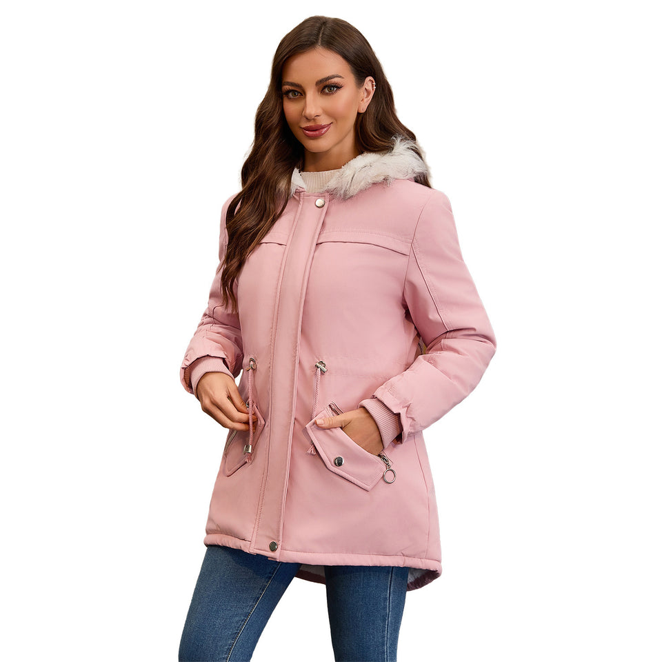 Lorsion Fur Collar Hooded Fleece Padded Coat – Women’s Warm Winter Cotton Jacket